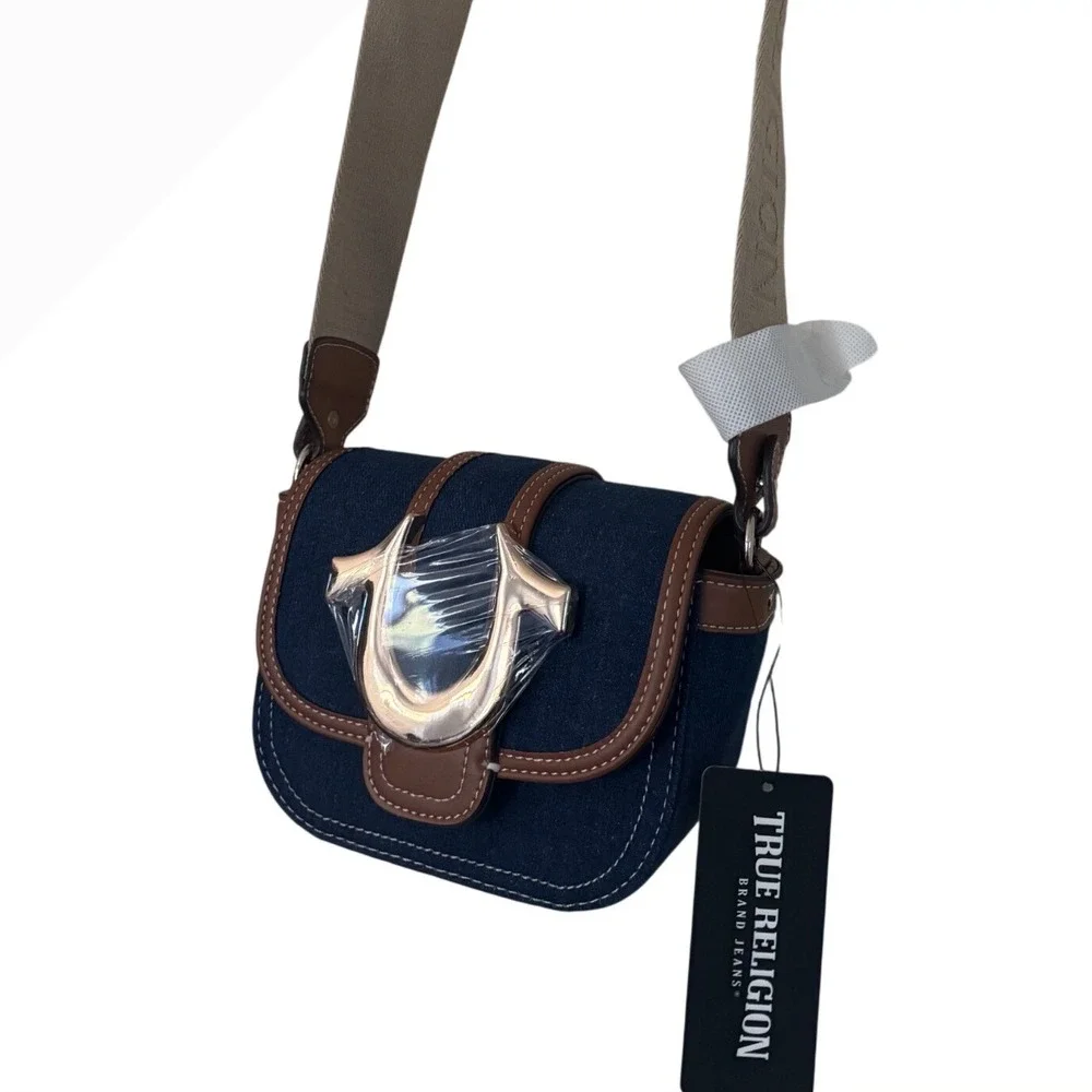True Religion Frayed Blue Denim Mini Flap Gold Tone‎ Hardware Crossbody Bag NWT